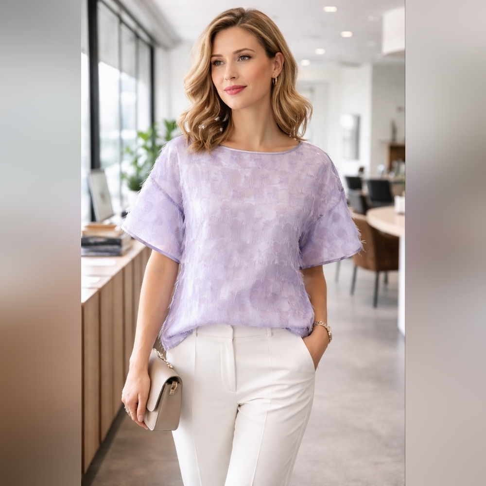 Banana Republic Lavender Textured Blouse Sheer Feather Detail Dressy Pastel Top